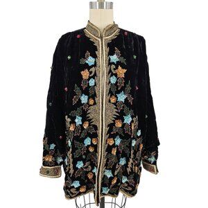 VTG Velvet Beaded Jacket Womens L/XL? Floral Sequins Black Gold
